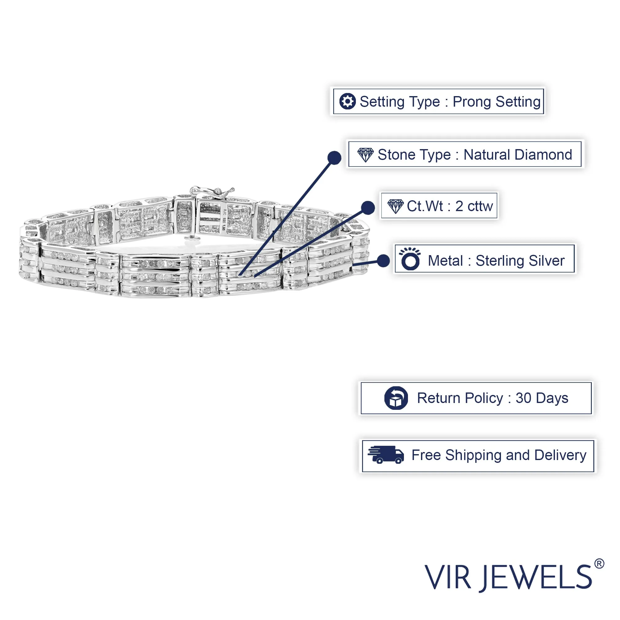 2 cttw Men's Diamond Bracelet .925 Sterling Silver with Rhodium 7 Inch 20 Grams