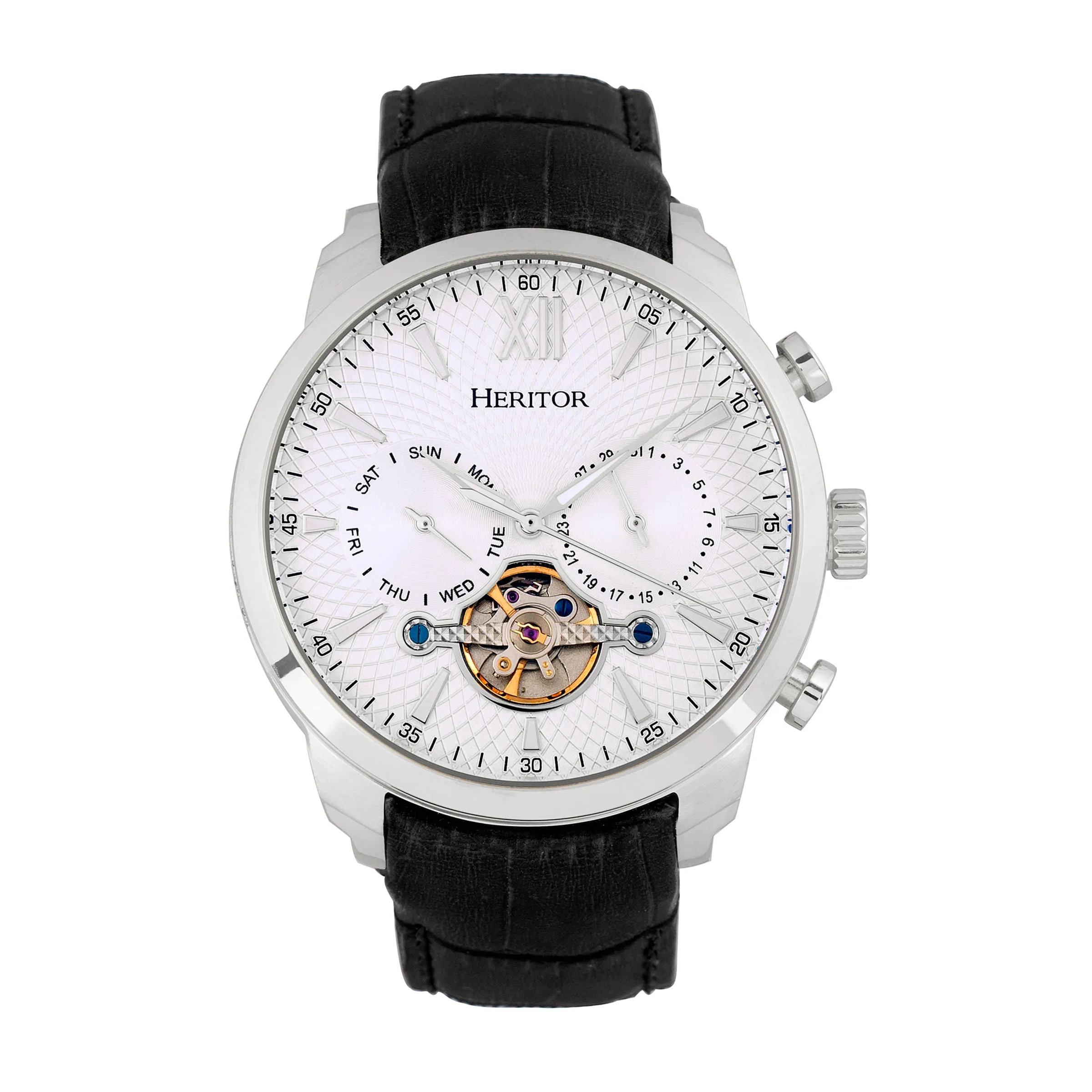 Arthur Semi-Skeleton Leather-Band Watch with Day & Date