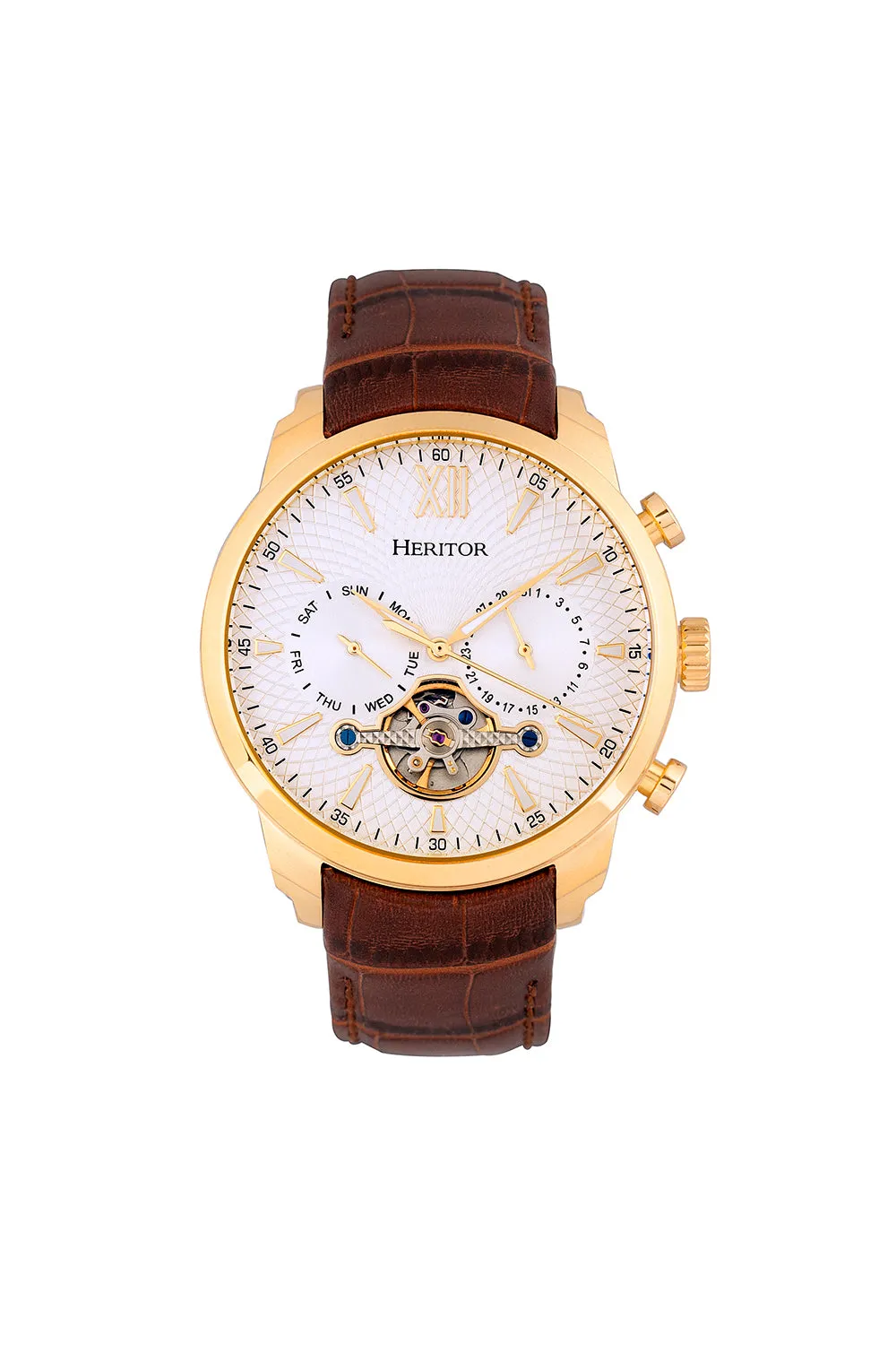 Arthur Semi-Skeleton Leather-Band Watch with Day & Date