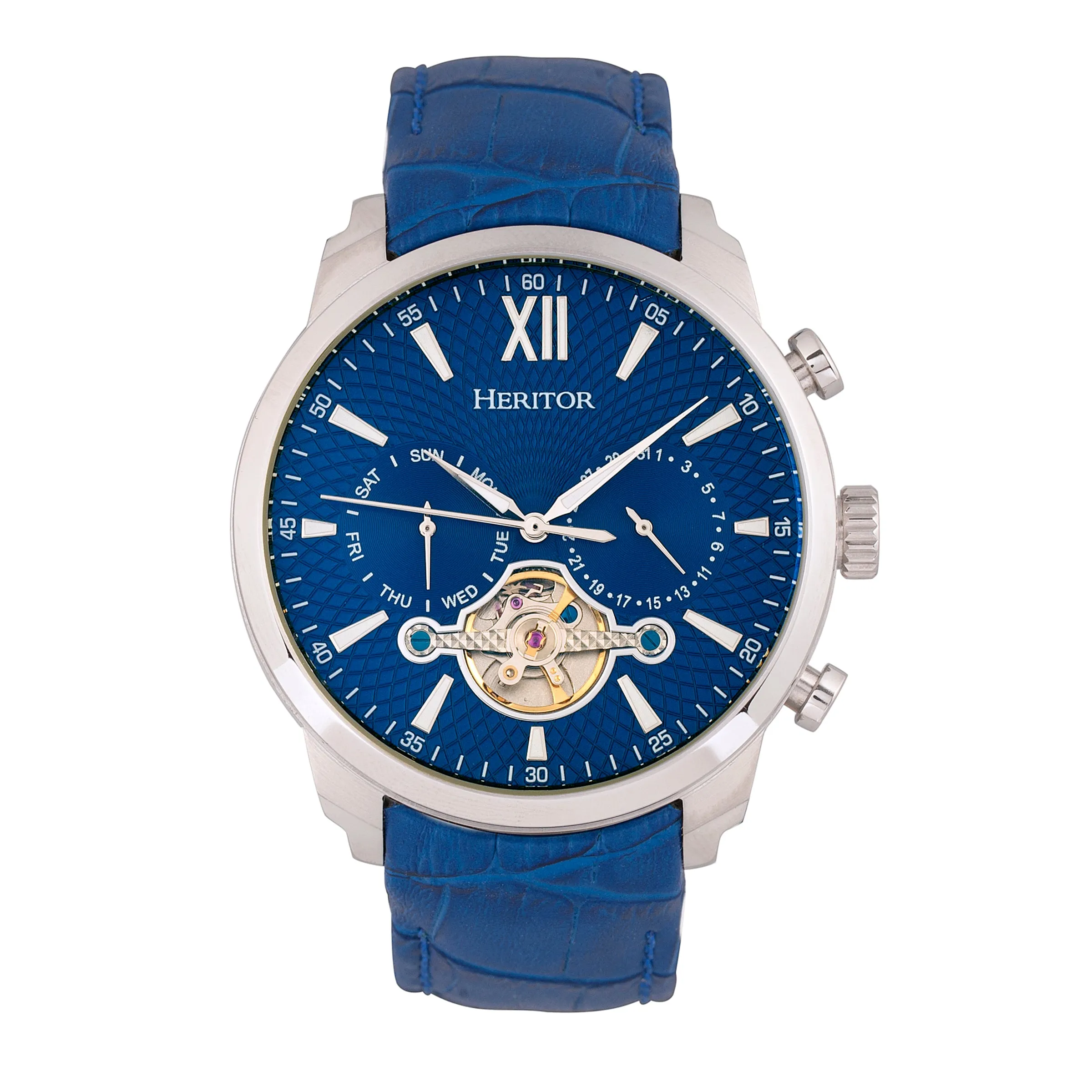 Arthur Semi-Skeleton Leather-Band Watch with Day & Date