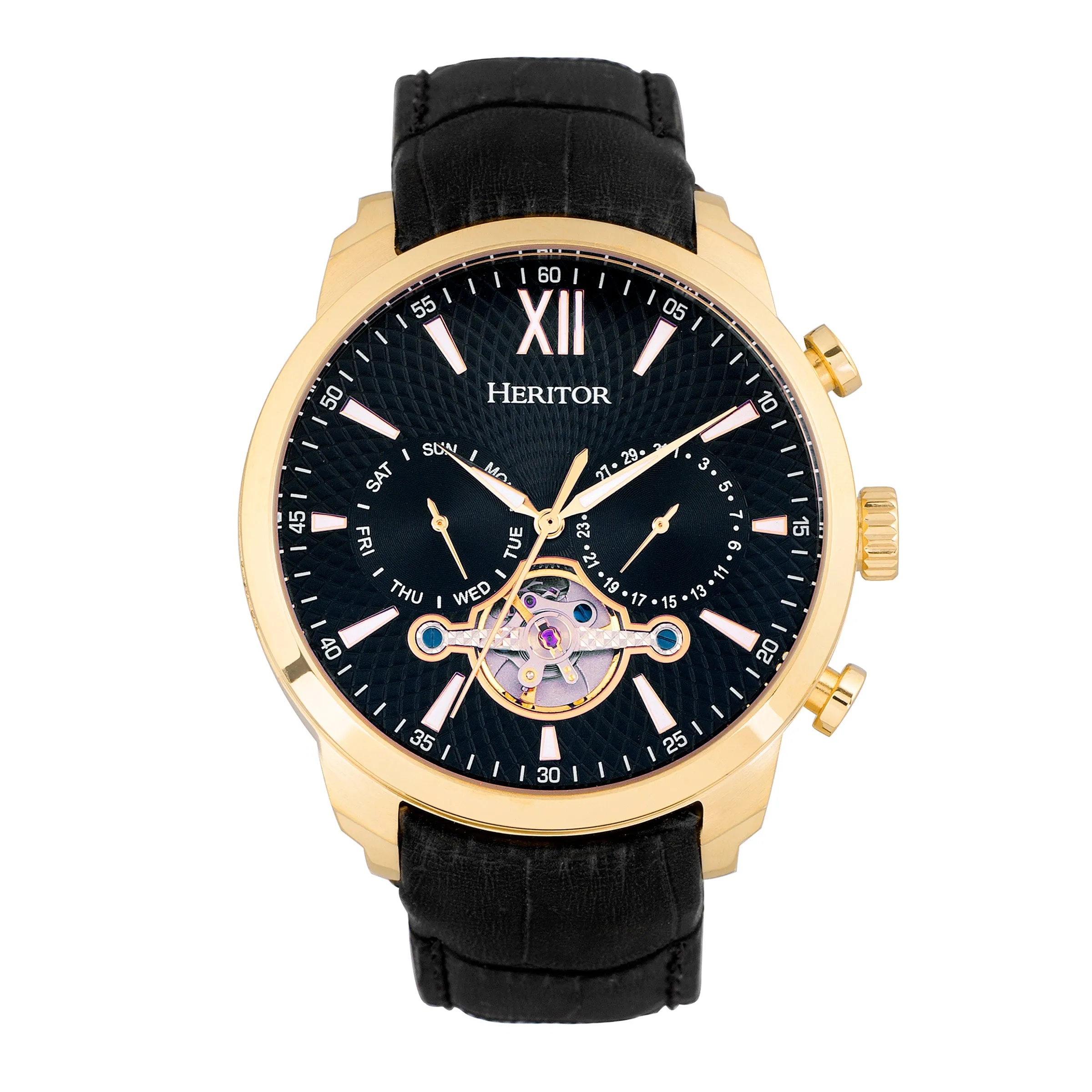 Arthur Semi-Skeleton Leather-Band Watch with Day & Date