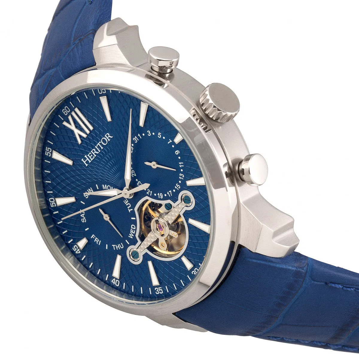 Arthur Semi-Skeleton Leather-Band Watch with Day & Date