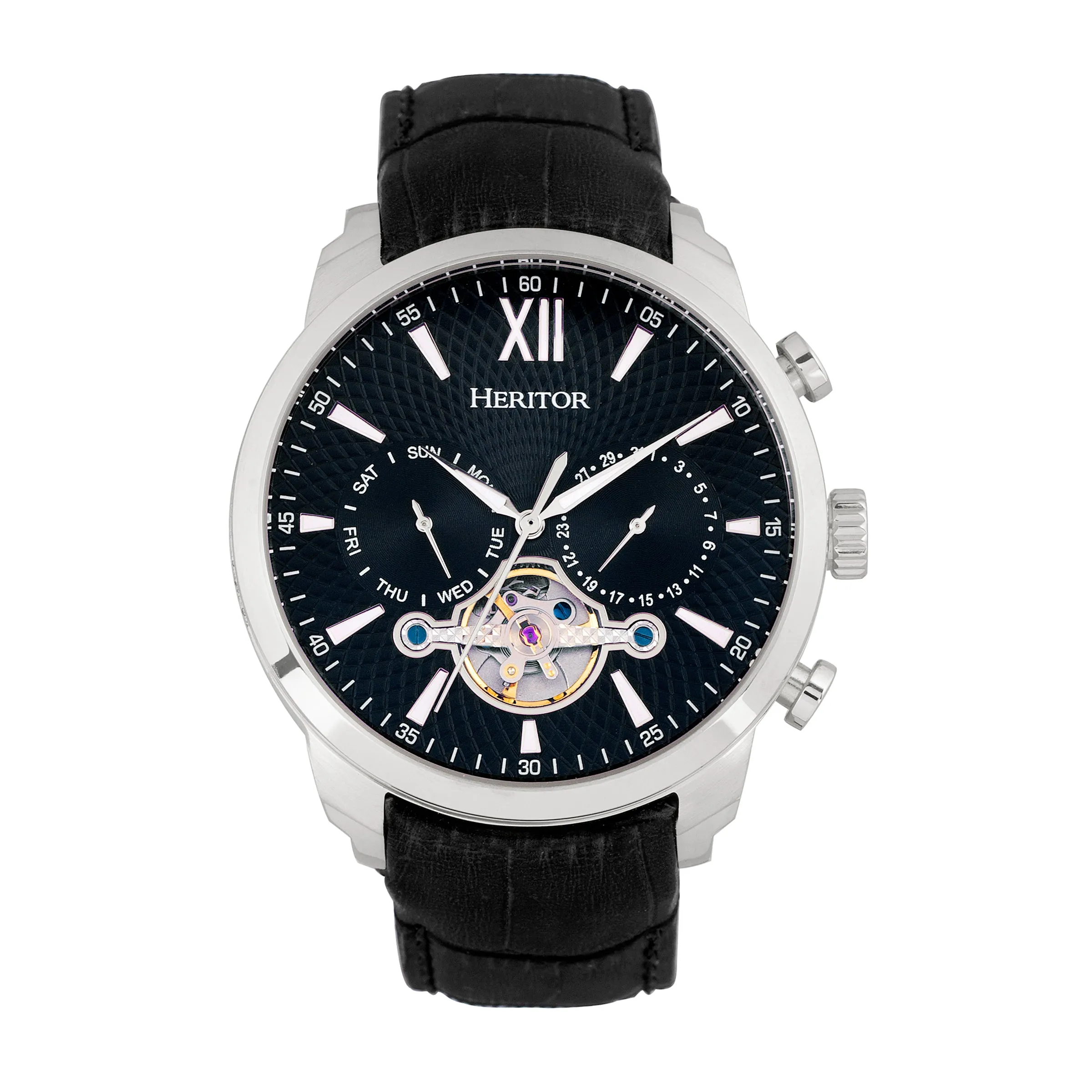 Arthur Semi-Skeleton Leather-Band Watch with Day & Date