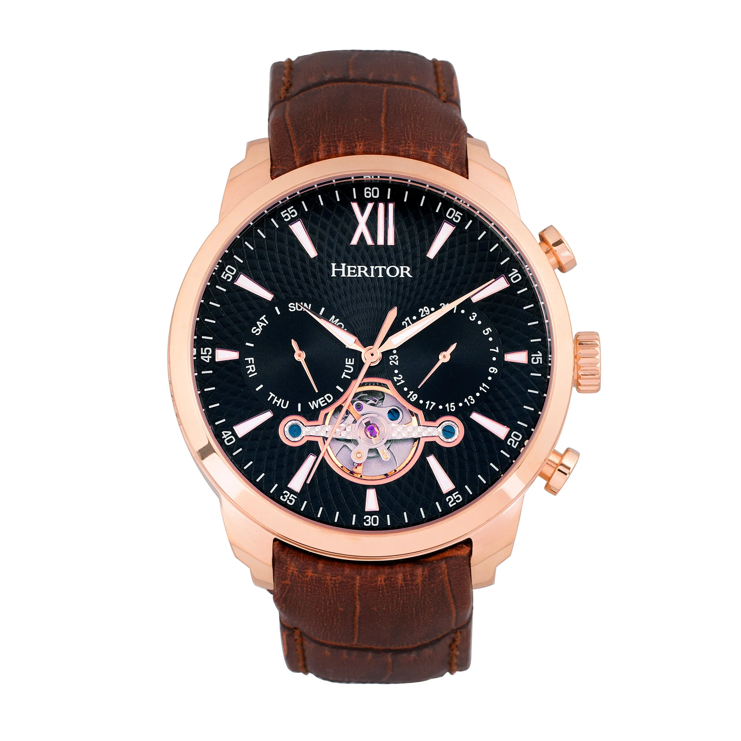 Arthur Semi-Skeleton Leather-Band Watch with Day & Date