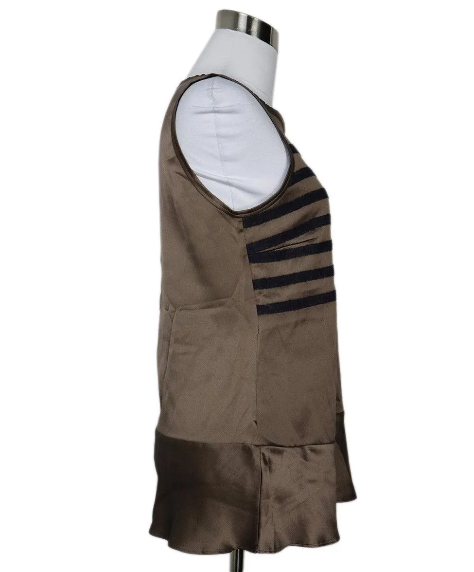 Brunello Cucinelli Brown Silk & Grey Wool Striped Top sz 6