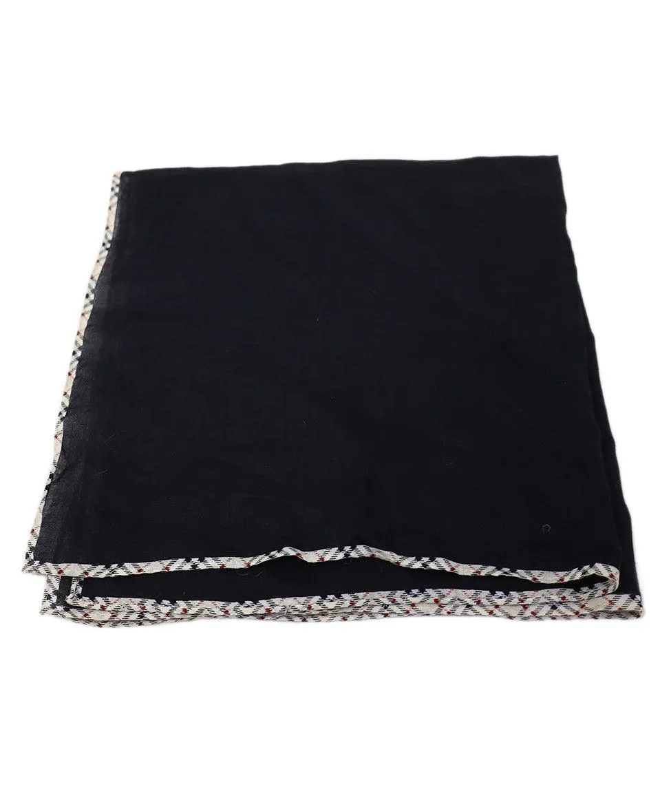 Burberry Black Cotton & Plaid Trim Scarf