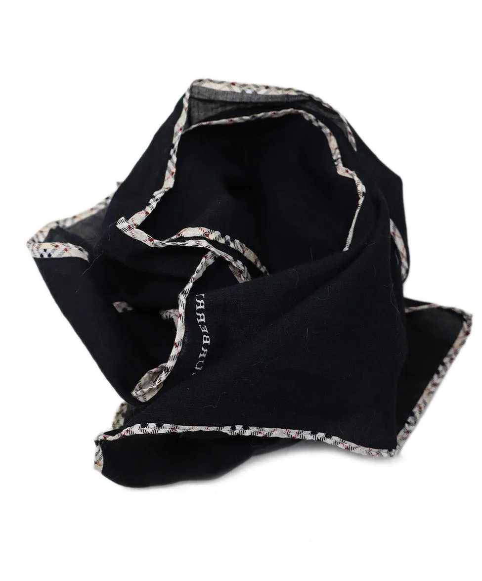Burberry Black Cotton & Plaid Trim Scarf