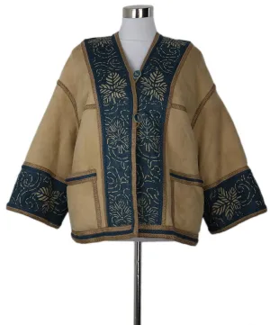 Carlo Tivioli Tan Shearling & Blue Linen Coat sz 4