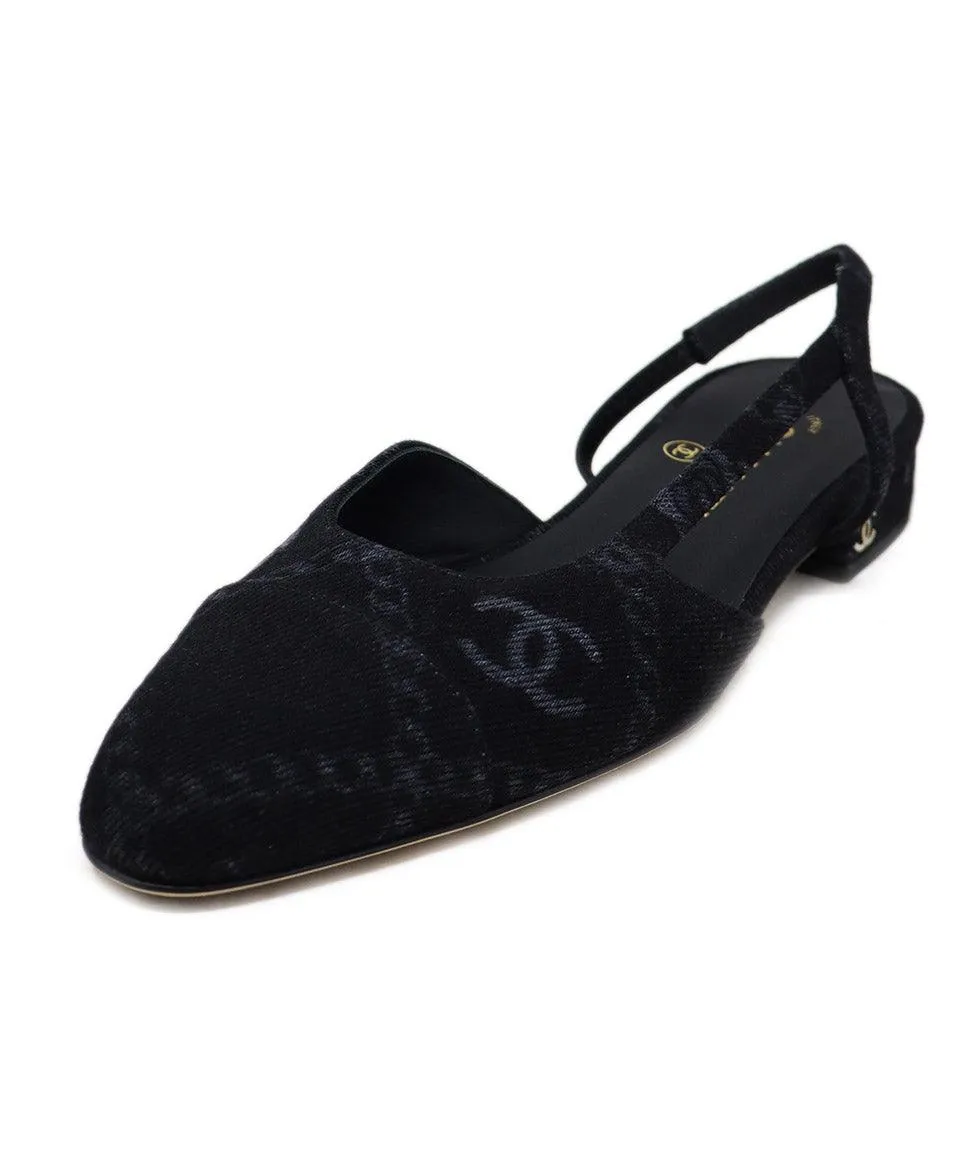 Chanel Black Logo Print Denim Flats sz 6
