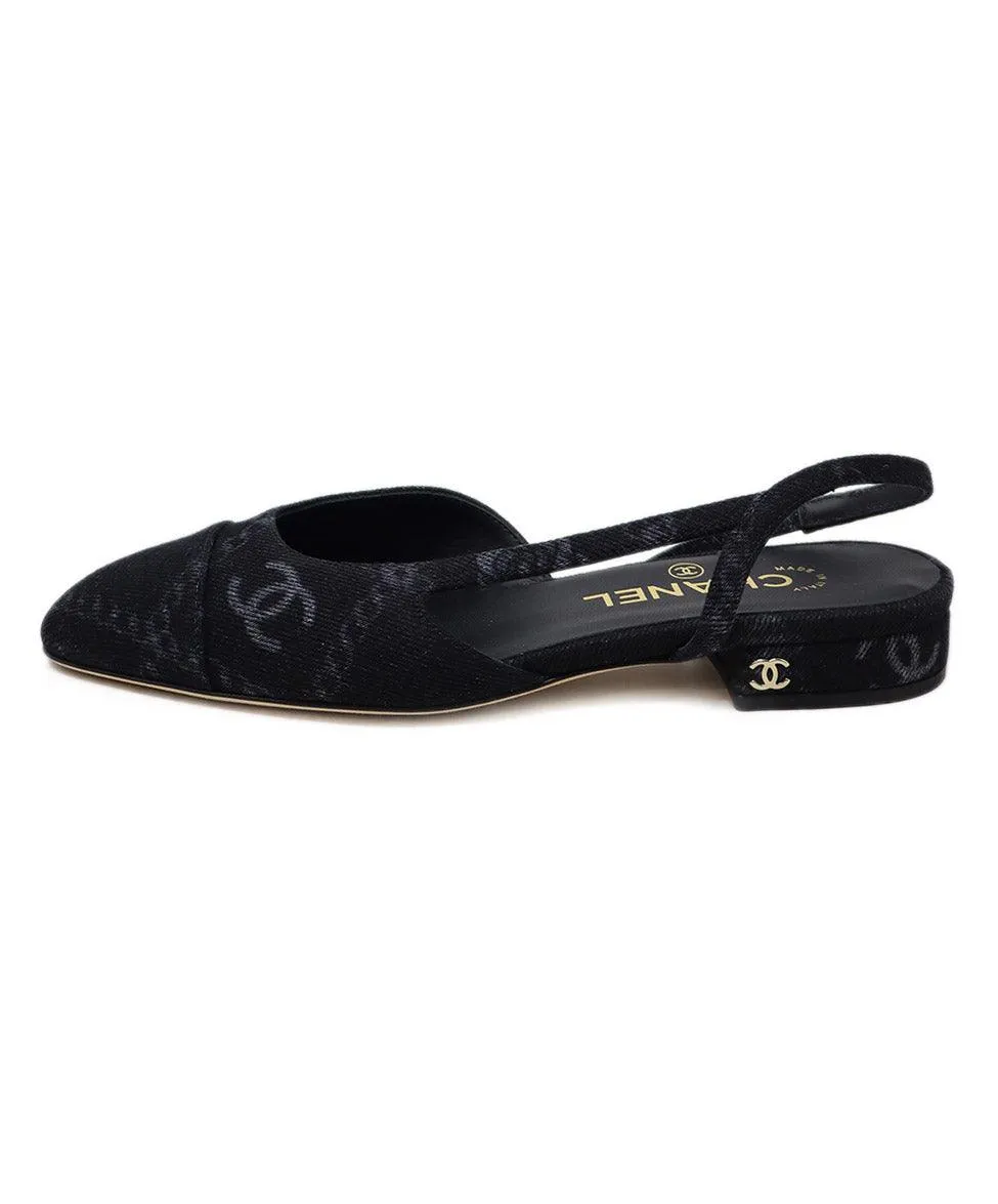 Chanel Black Logo Print Denim Flats sz 6