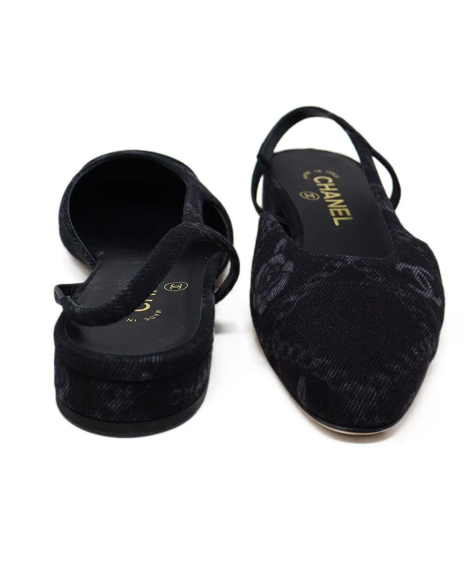 Chanel Black Logo Print Denim Flats sz 6