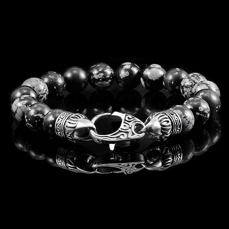 Crucible Los Angeles 10mm Snowflake Agate Bead Bracelet with Stainless Steel Antiqued Lobster Clasp