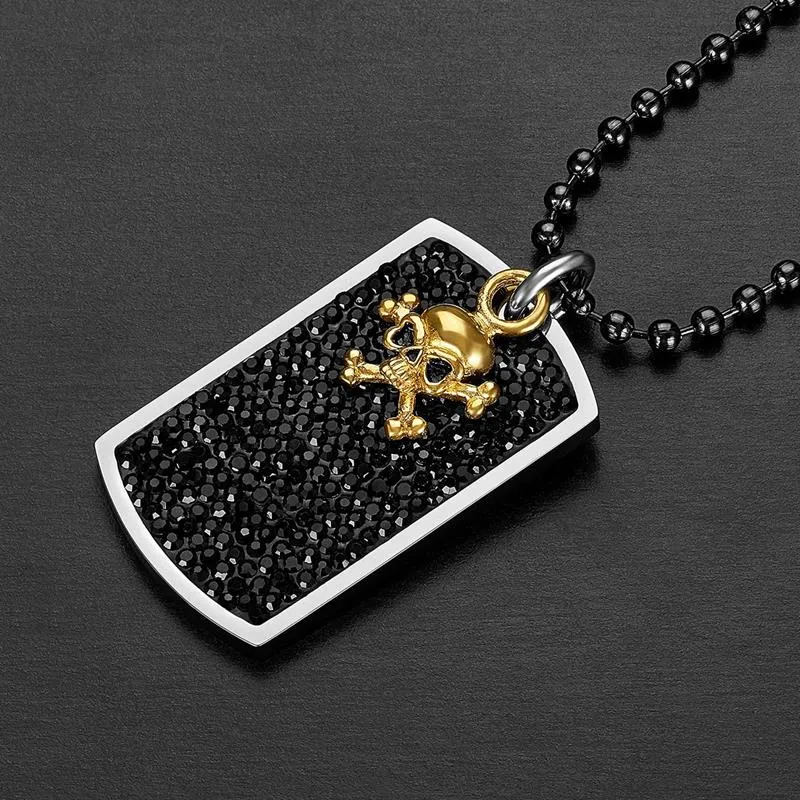 Crucible Los Angeles Stainless Steel Black Crystal Skull Charm Dog Tag Necklace