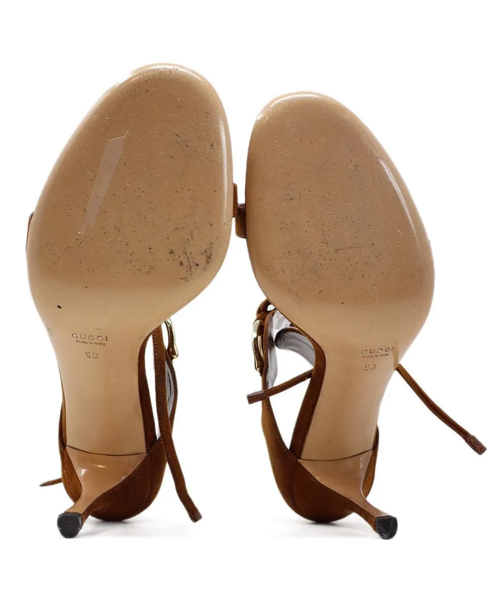Gucci Brown Suede & Gold Metal Heels sz 9