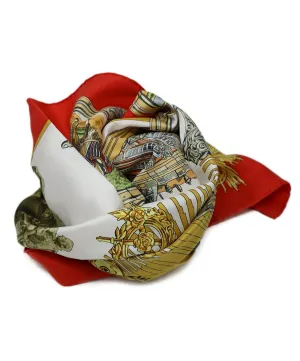 Hermes Red Gold & White Print Silk Scarf
