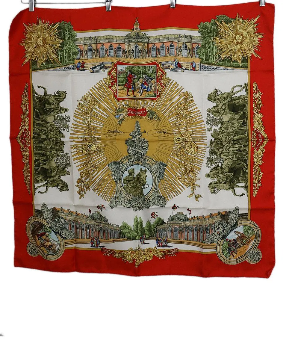 Hermes Red Gold & White Print Silk Scarf