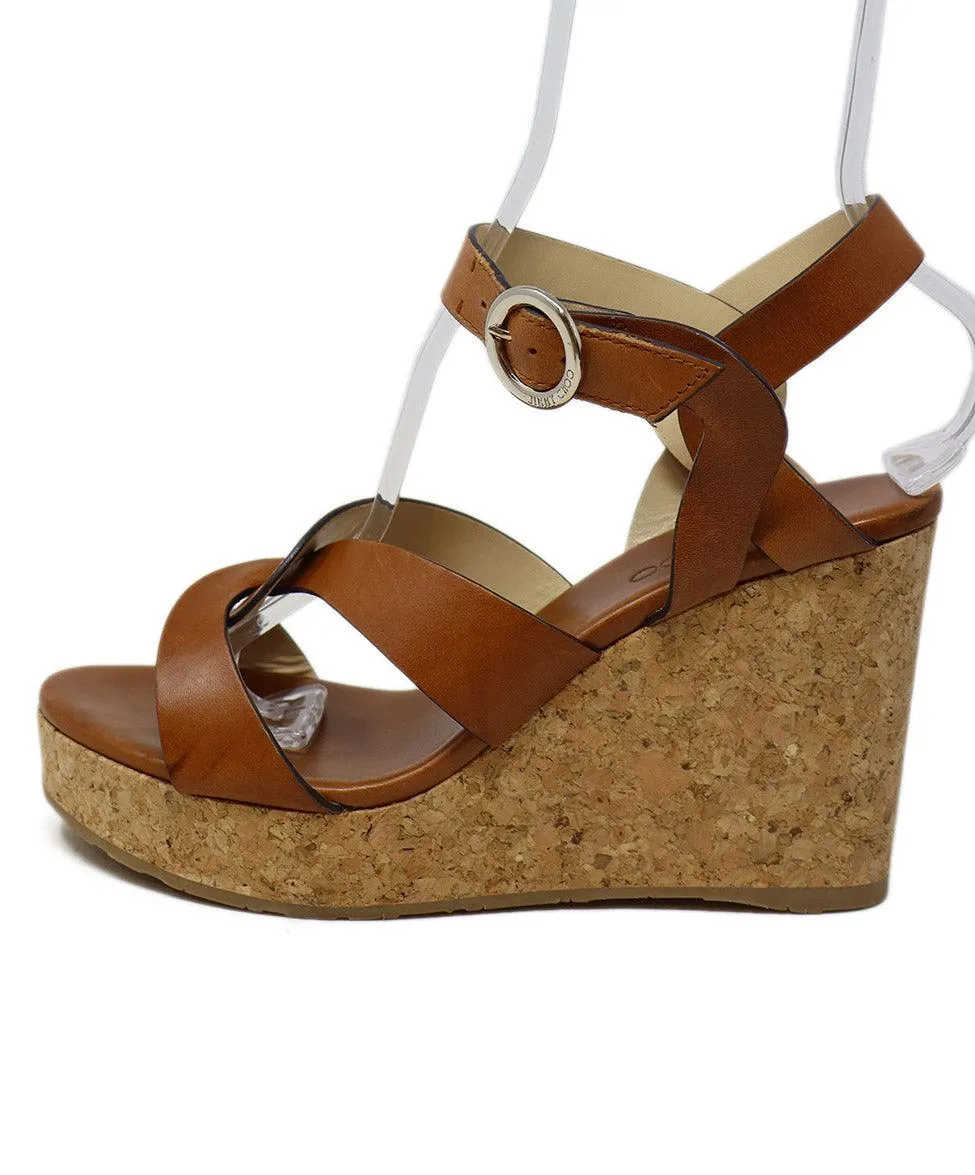 Jimmy Choo Brown Leather Cork Platform Wedges sz 9.5