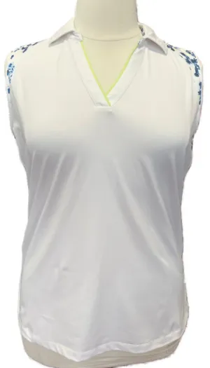 Lady Hagen Blue and Yellow Floral White Sleeveless Golf Top Size XL