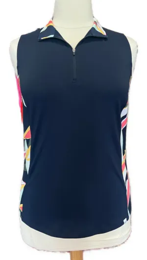 Lady Hagen Multicolored Palm 1/4 Zip Sleeveless Golf Top in Navy Size L