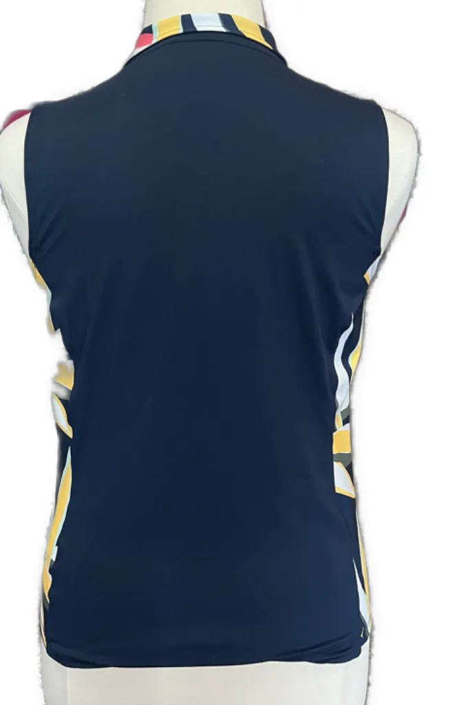 Lady Hagen Multicolored Palm 1/4 Zip Sleeveless Golf Top in Navy Size L