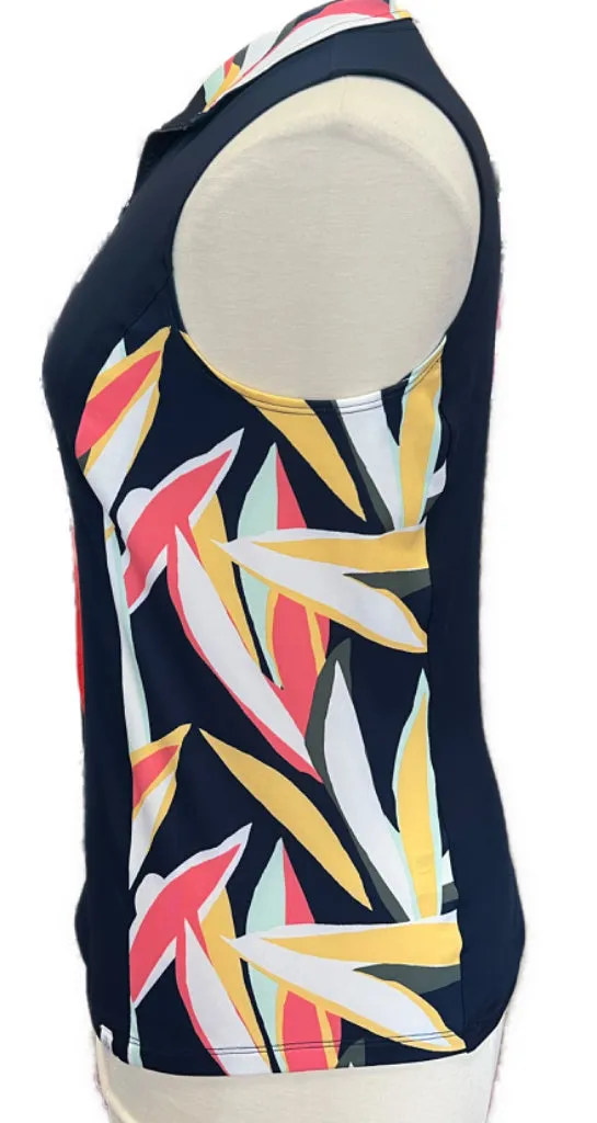 Lady Hagen Multicolored Palm 1/4 Zip Sleeveless Golf Top in Navy Size L