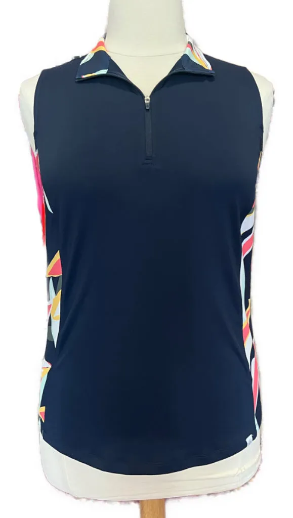 Lady Hagen Multicolored Palm 1/4 Zip Sleeveless Golf Top in Navy Size L