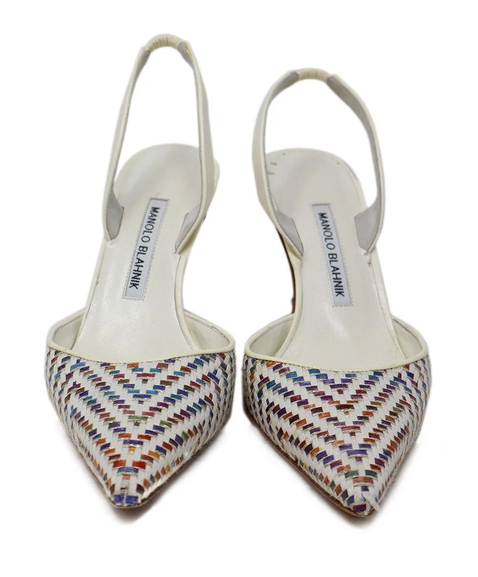 Manolo Blahnik White & Multicolor Woven Slingbacks sz 8