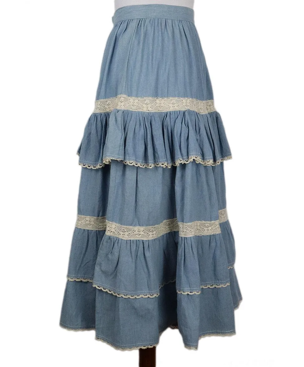 Manoush Blue Cotton & Ivory Lace Ruffle Skirt sz 4