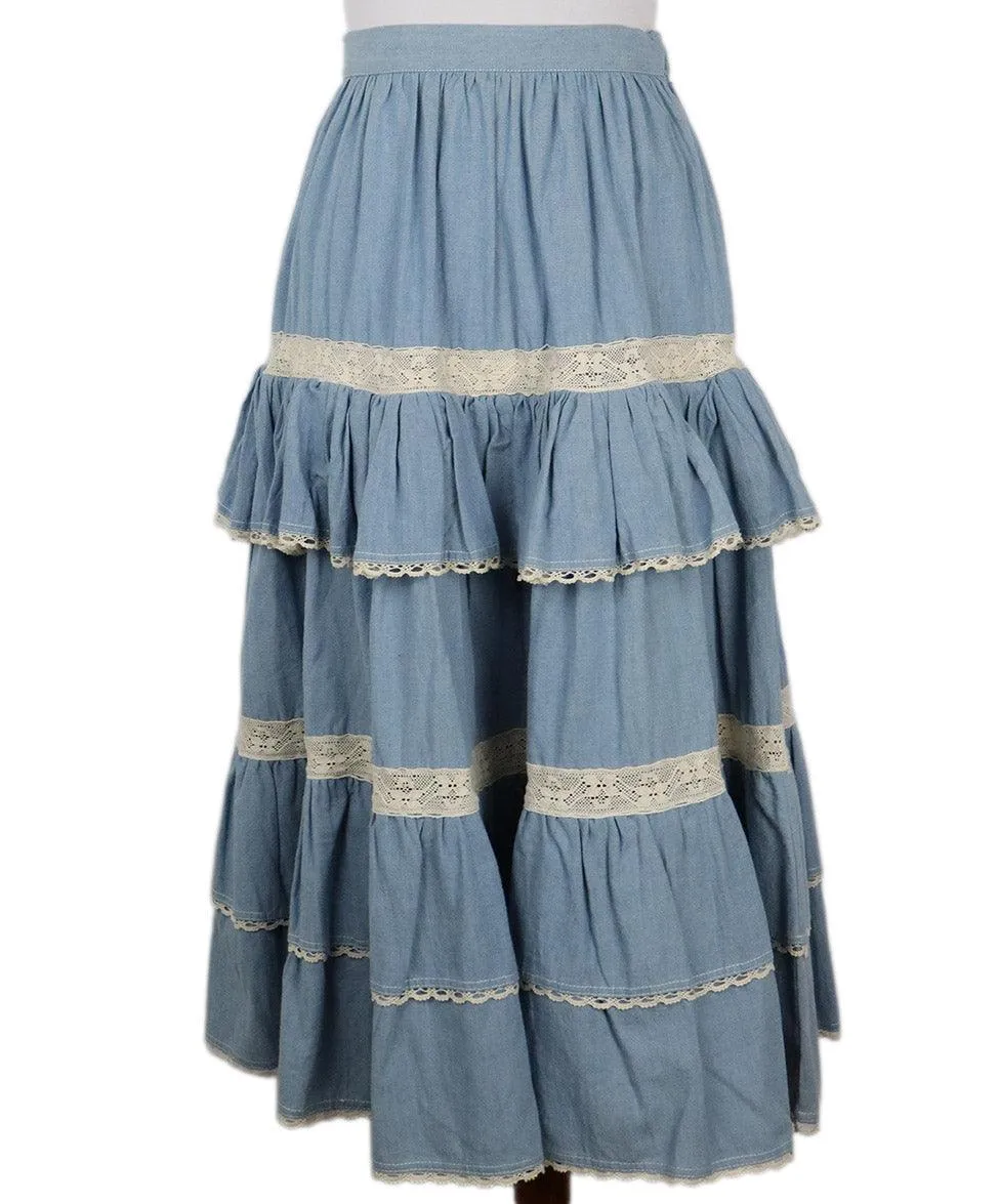Manoush Blue Cotton & Ivory Lace Ruffle Skirt sz 4