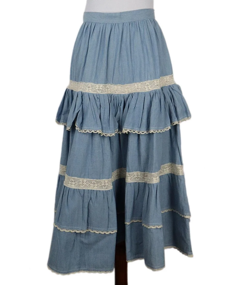 Manoush Blue Cotton & Ivory Lace Ruffle Skirt sz 4