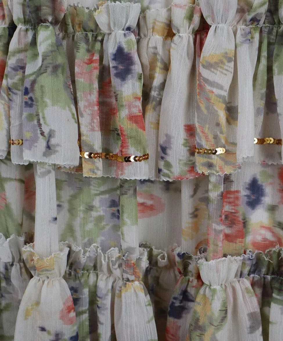 Manoush Yellow Pink & Blue Floral Ruffle Dress sz 4