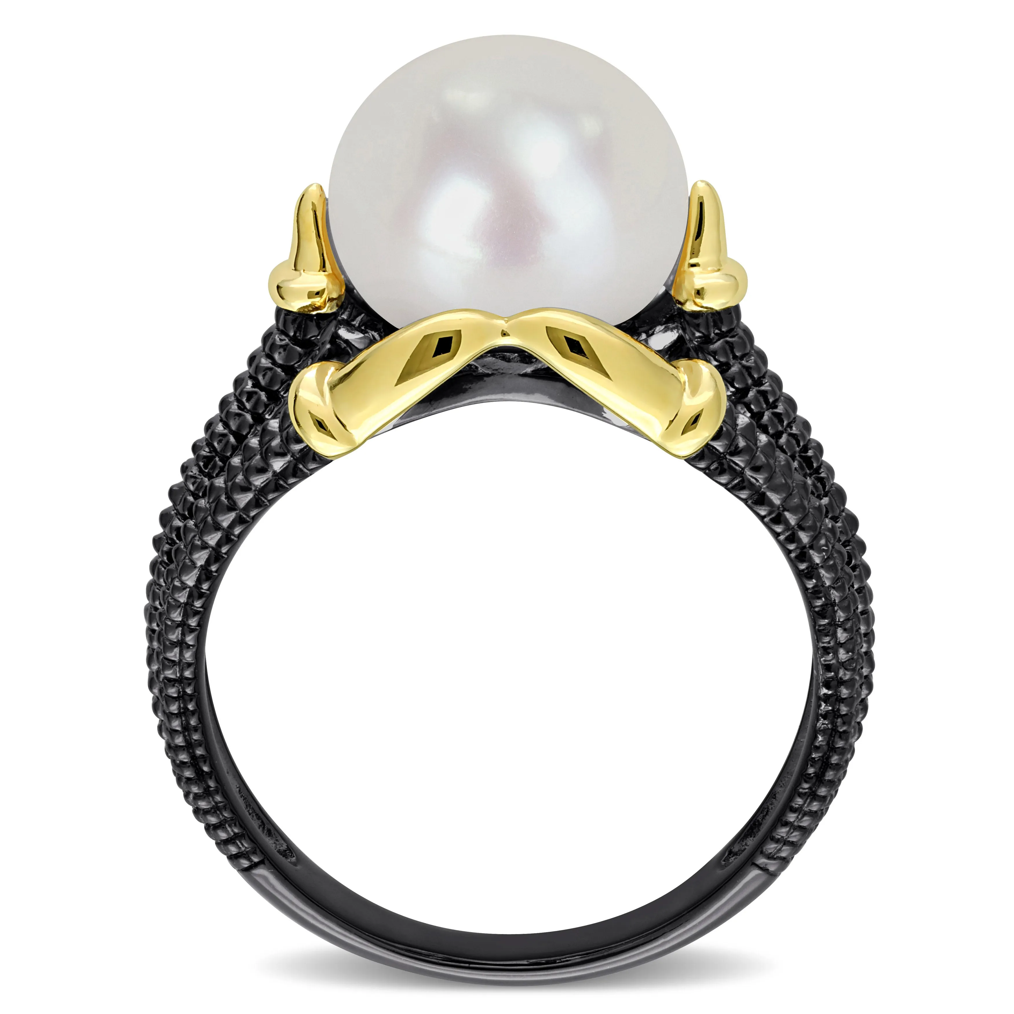 Mimi & Max 10.5-11mm White Cultured Freshwater Pearl on Two-Tone Split Shank Ring in Yellow and Black Rhodium Plated Sterling Silver