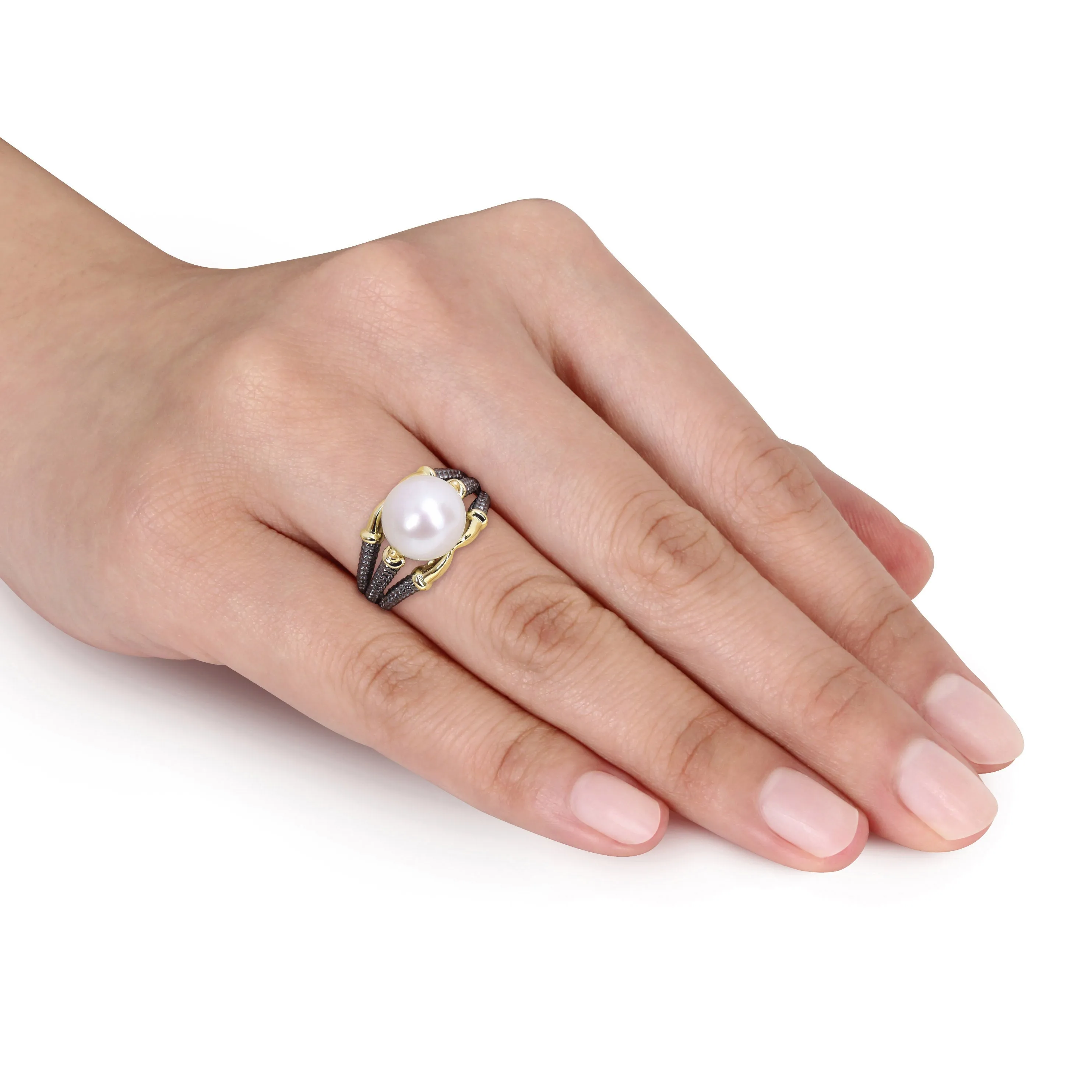 Mimi & Max 10.5-11mm White Cultured Freshwater Pearl on Two-Tone Split Shank Ring in Yellow and Black Rhodium Plated Sterling Silver