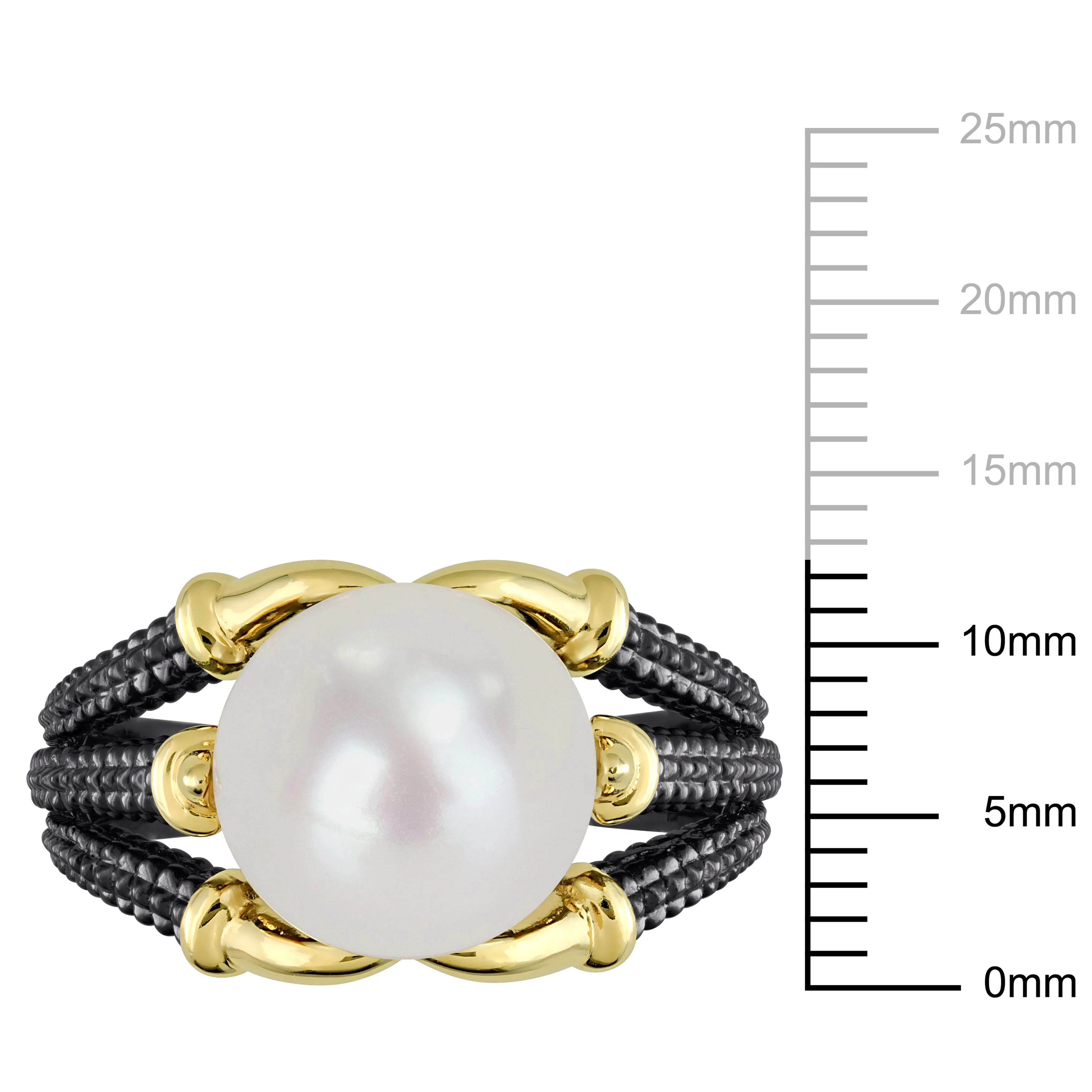 Mimi & Max 10.5-11mm White Cultured Freshwater Pearl on Two-Tone Split Shank Ring in Yellow and Black Rhodium Plated Sterling Silver