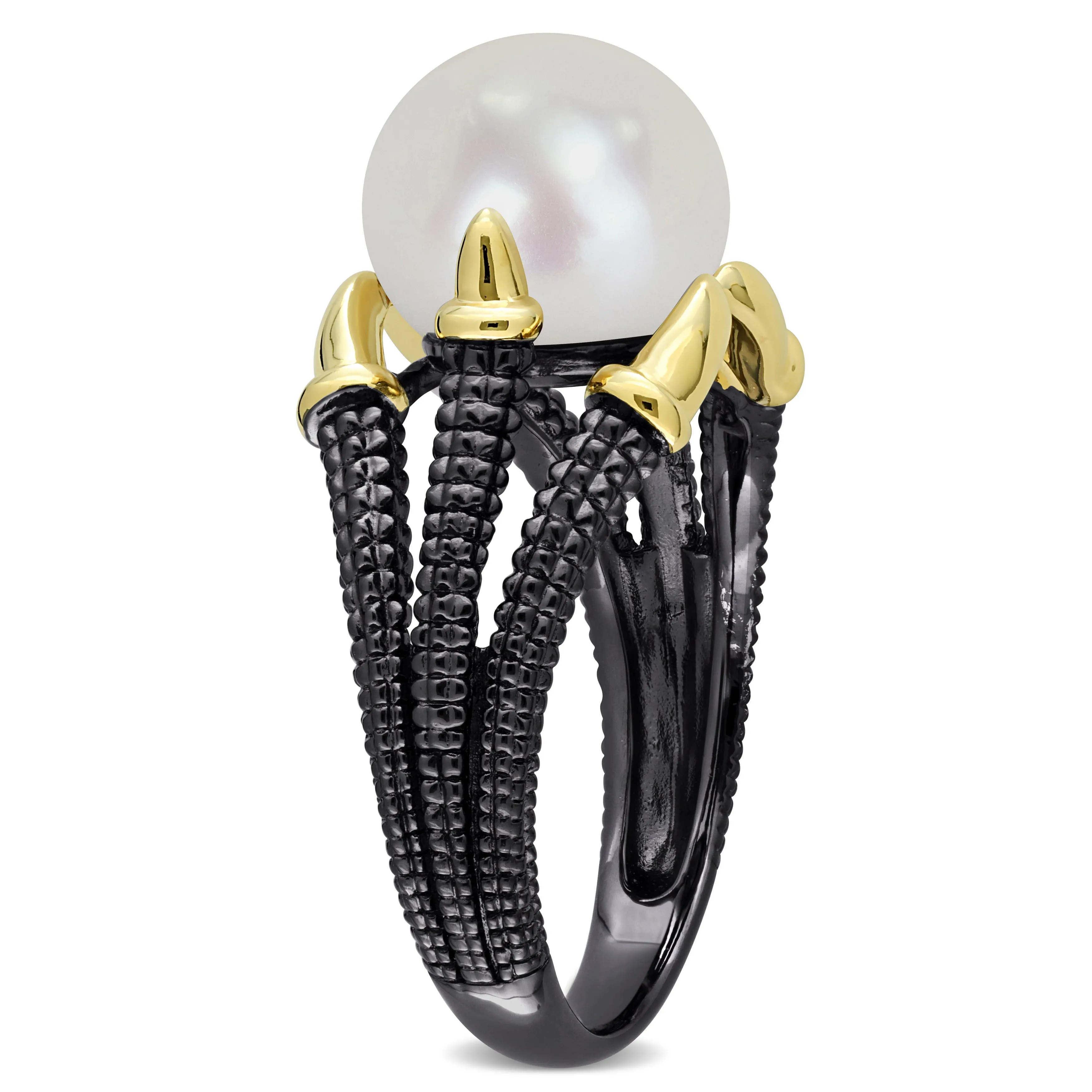 Mimi & Max 10.5-11mm White Cultured Freshwater Pearl on Two-Tone Split Shank Ring in Yellow and Black Rhodium Plated Sterling Silver