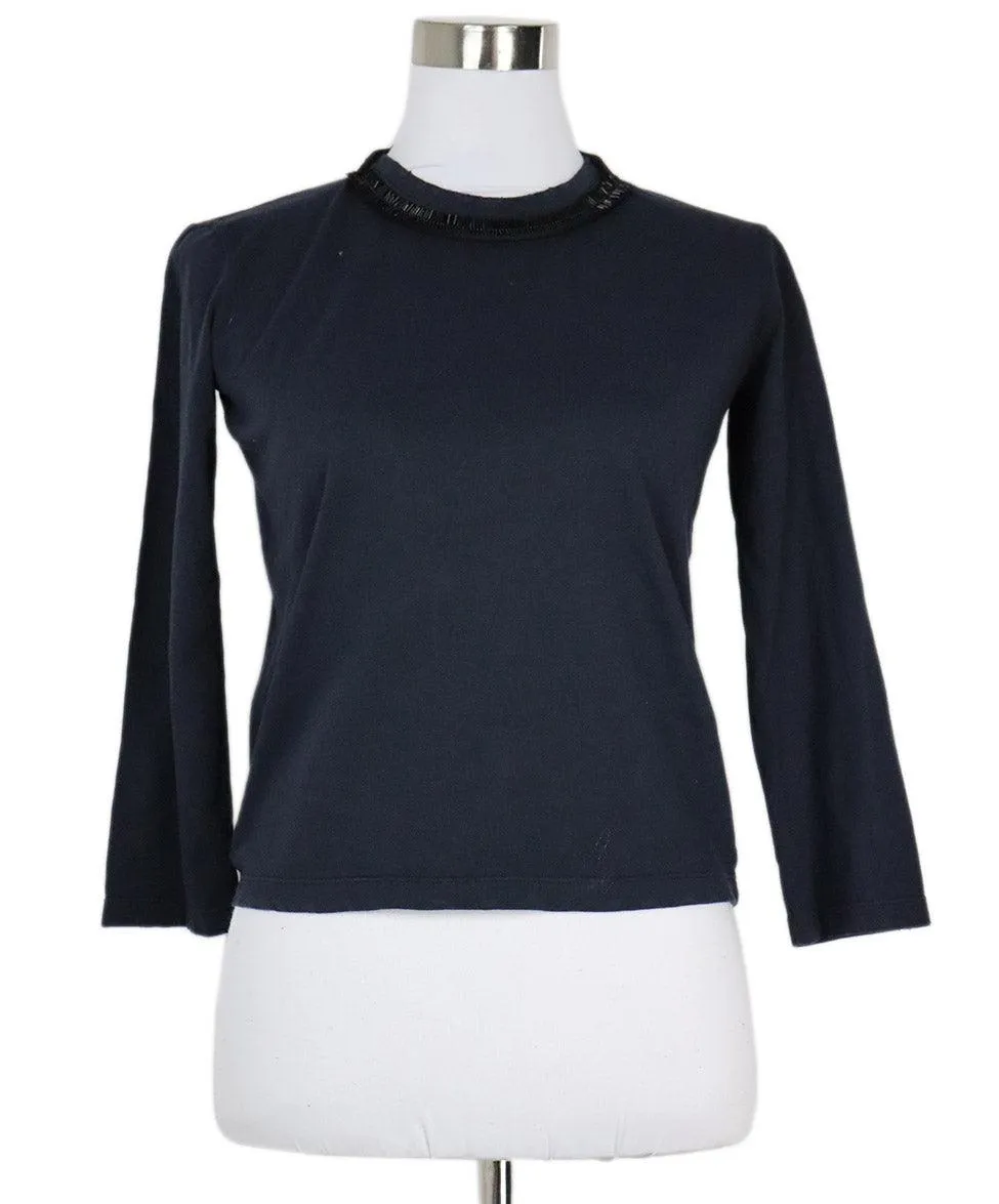 Prada Navy Cotton Top w/ Beaded Trim sz 2