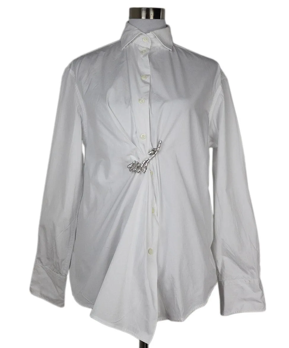 Prada White Cotton Shirt w/ Rhinestone Pin sz 2