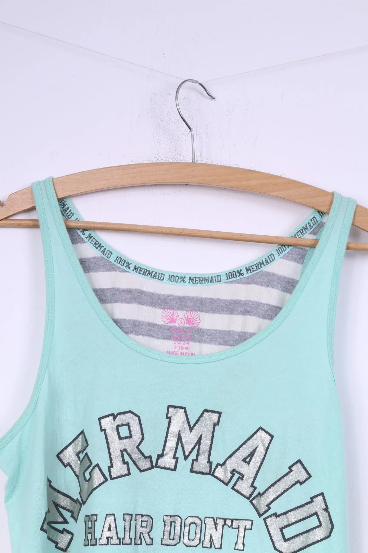 Primark Womens 6/8 S Tank Top Disney Mermaid Hair Dont Care Cotton Light Green