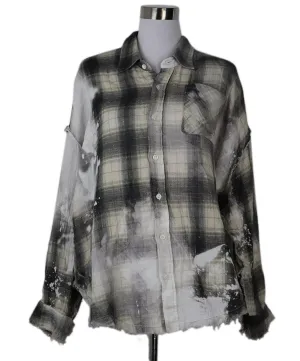 R13 Grey & Beige Plaid Flannel Shirt sz 2