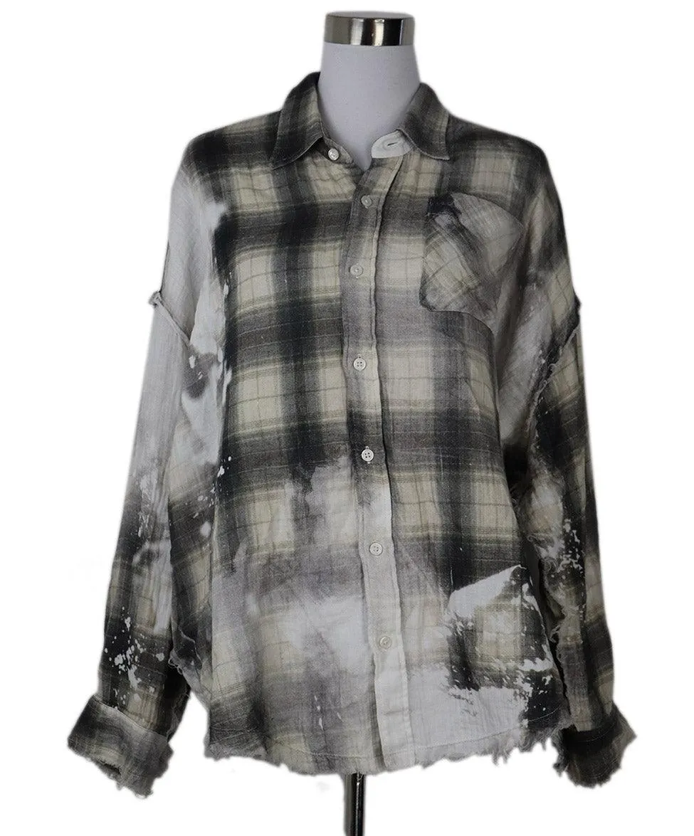 R13 Grey & Beige Plaid Flannel Shirt sz 2