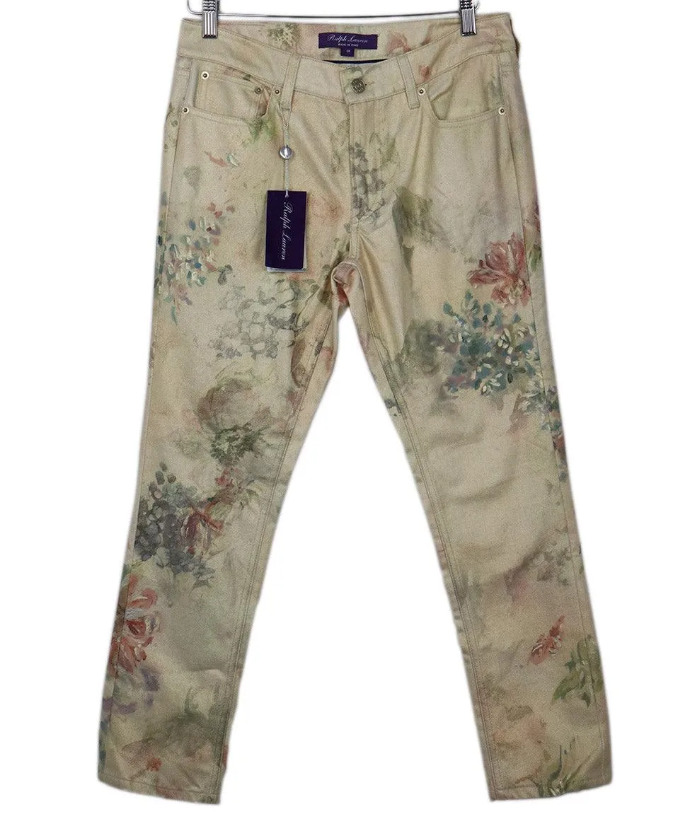 Ralph Lauren Gold Floral Print Denim Pants sz 6