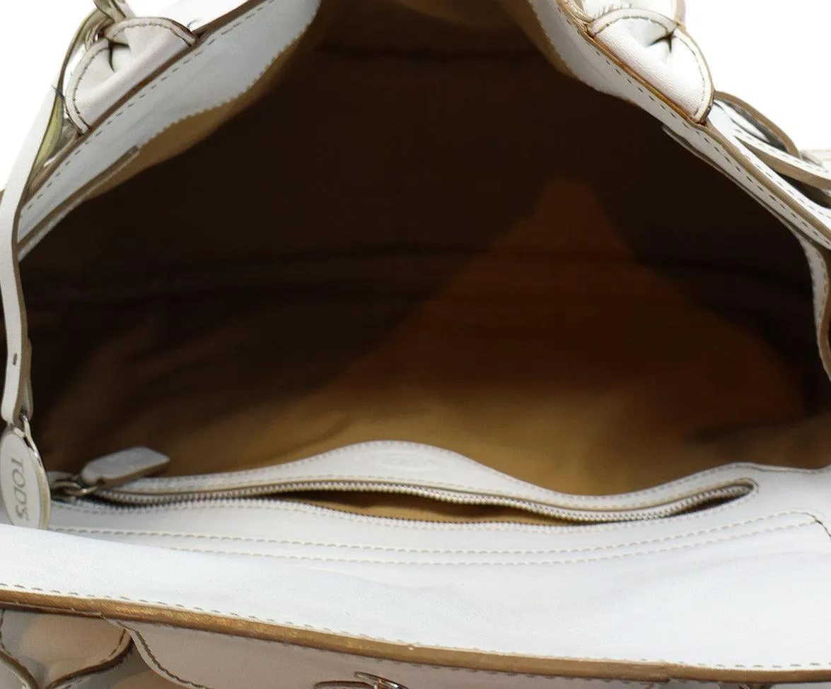 Tod's White Leather Brown Stitching Shoulder Bag