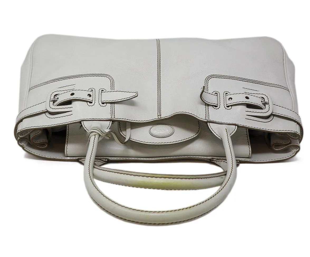 Tod's White Leather Brown Stitching Shoulder Bag