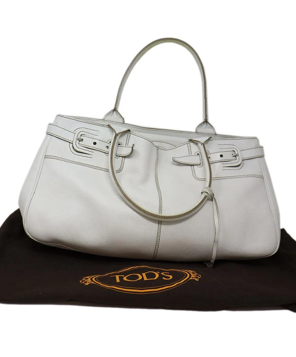 Tod's White Leather Brown Stitching Shoulder Bag