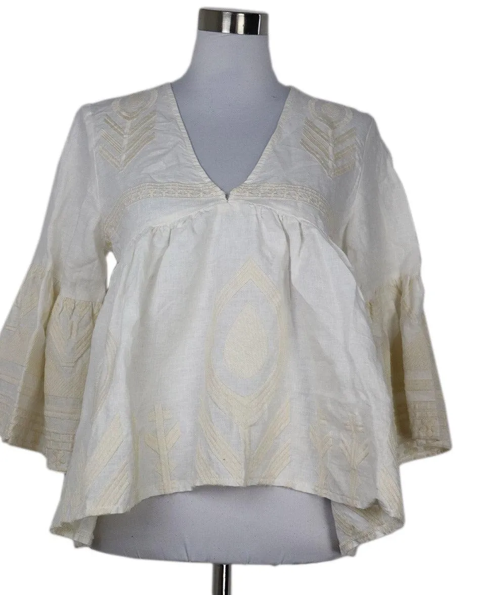 White & Beige Embroidered Cotton Blouse sz 2